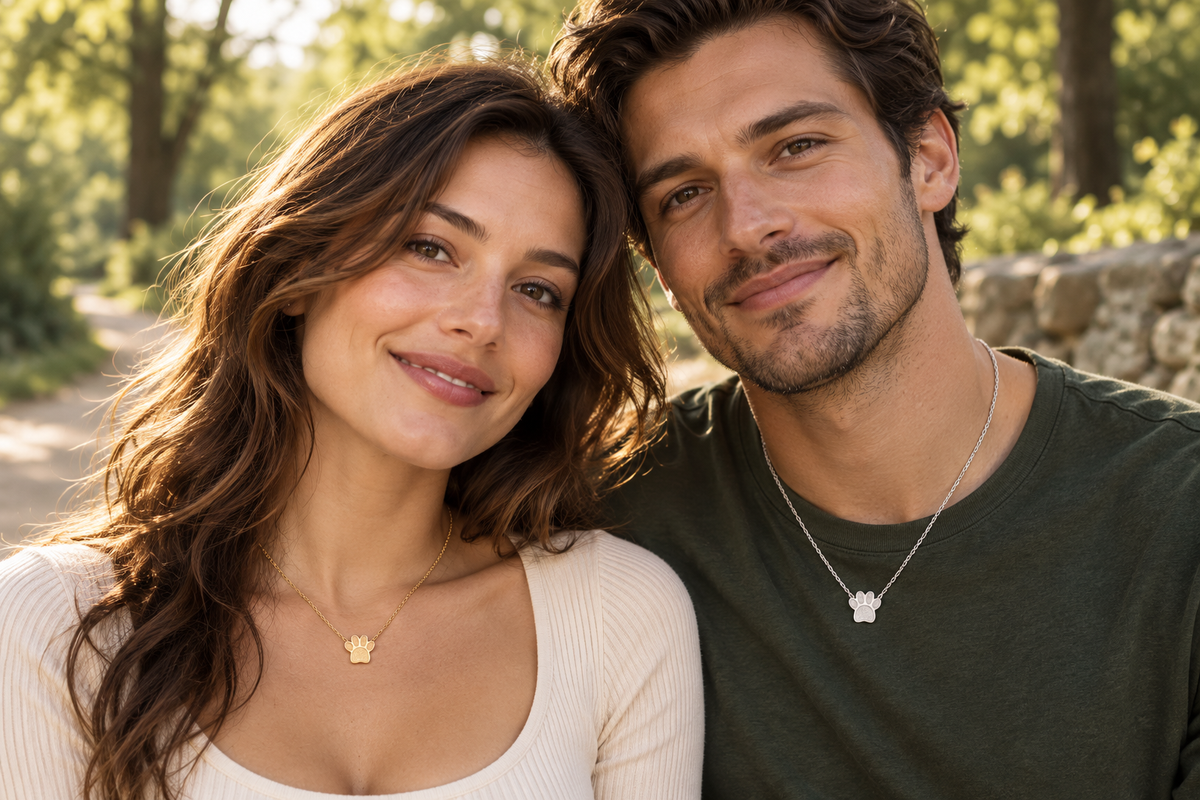 AI-styled couple wearing gold and silver Hqlove paw necklaces.