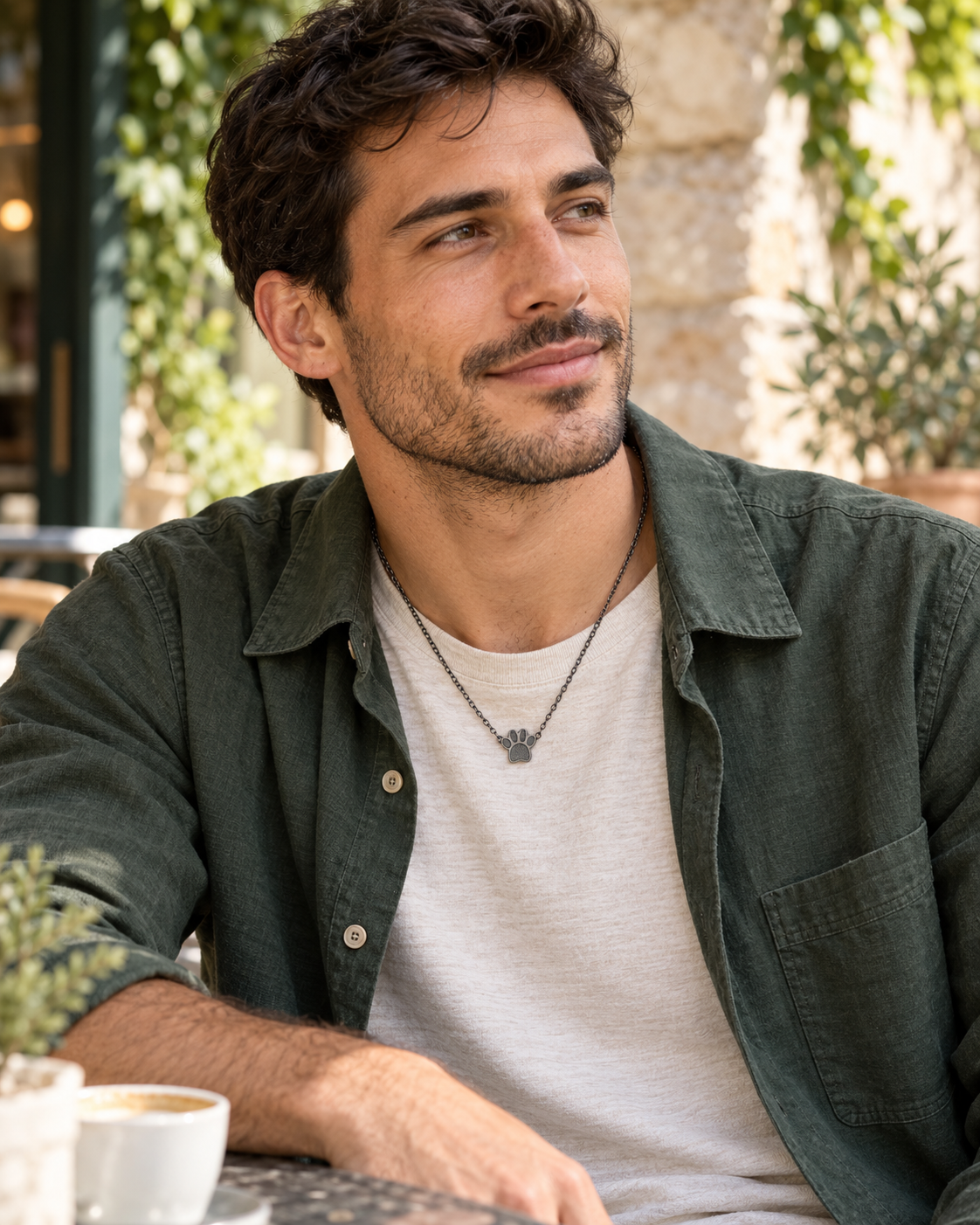 AI-styled portrait of a man wearing the black Hqlove paw necklace.