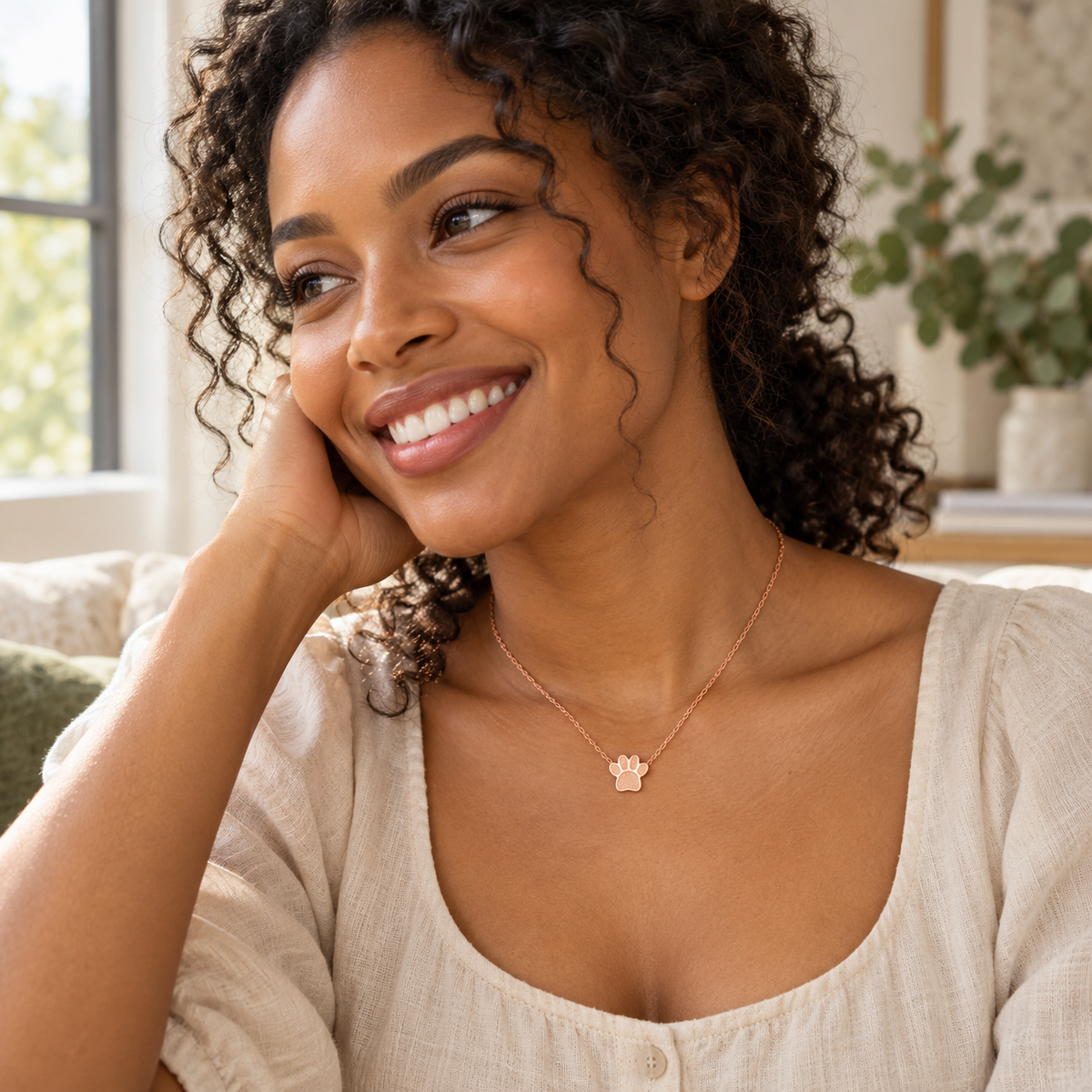 AI-styled portrait of a woman wearing the rose gold Hqlove paw necklace.